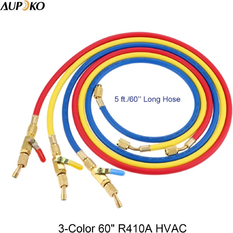 Aupoko Refrigerant A/C Charging Hoses with Ball Valves, 3-Color 60" R410A HVAC 1/4" SAE 800 PSI Working Pressure, Fit for R134A R12 R22 R502 R404 Coolant Adding and Air Condition Maintenance - Image 3